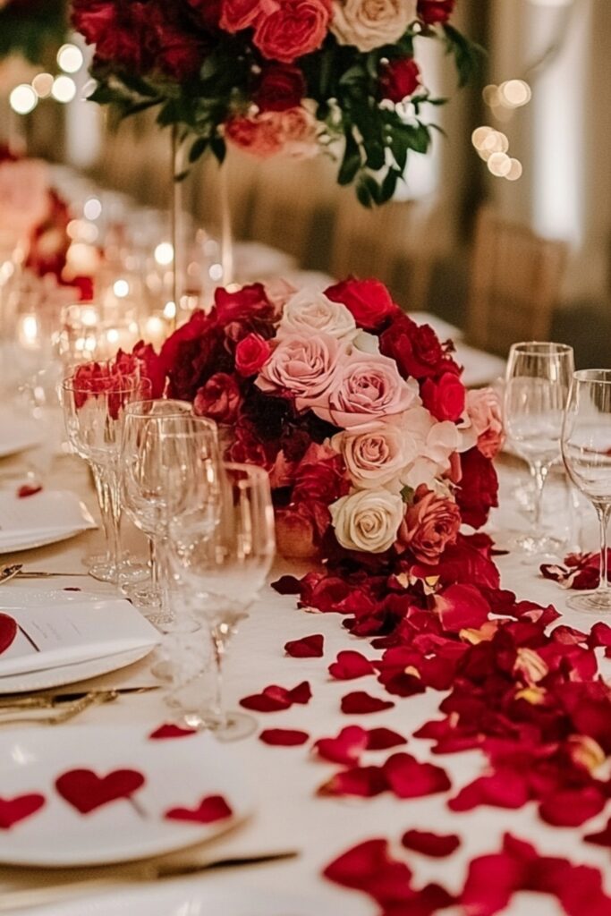 Romantic February wedding theme with heart motifs, red-and-pink color palette, and rose petal accents for a timeless look.