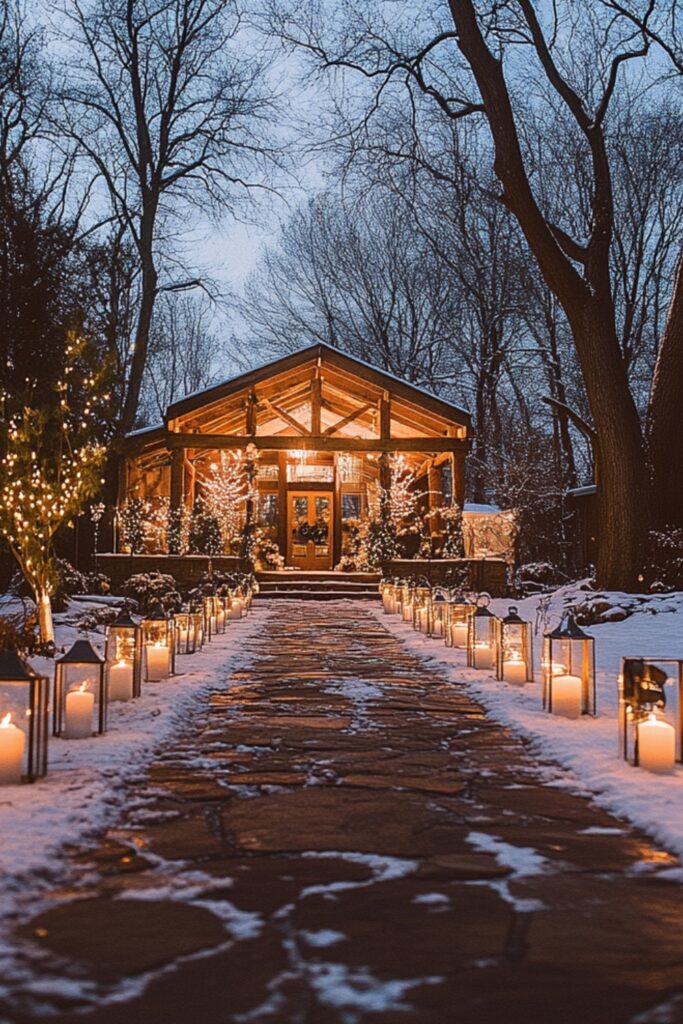 Stunning February winter wedding featuring a snowy outdoor ceremony and a rustic reception with candlelit decor.