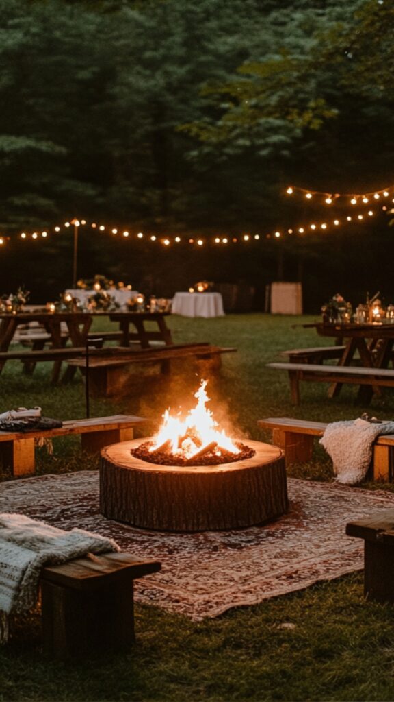 A cozy outdoor wedding setting featuring a glowing fire pit surrounded by rustic wooden benches and blankets.
