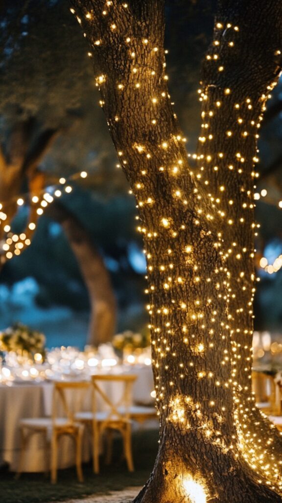 Twinkling fairy lights wrapped around trees in a rustic outdoor wedding setting, mimicking the glow of fireflies under the night sky.