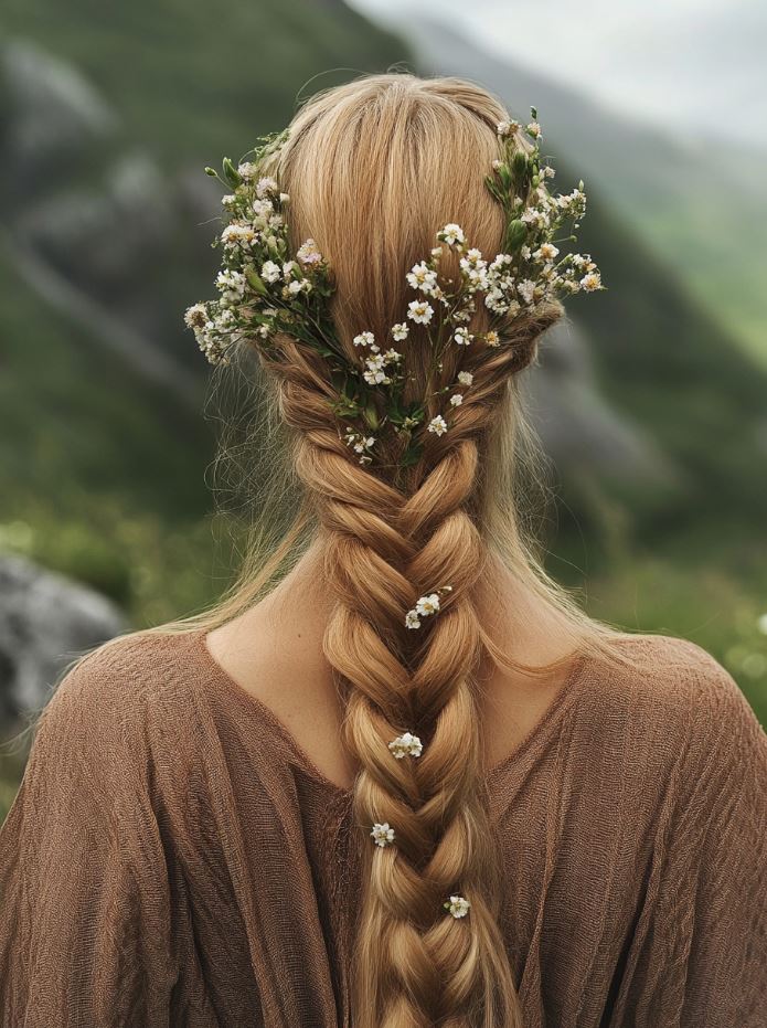 Fishtail braids styled with small flowers and greenery, creating a soft, ethereal bridal hairstyle perfect for outdoor Viking-themed weddings.
