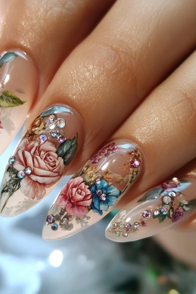 Nails with intricate floral designs in soft pastel tones, paired with a transparent base and subtle rhinestone accents.