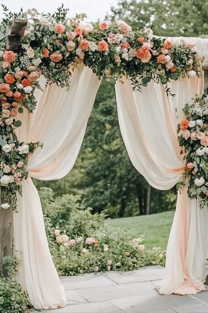 A beautifully decorated wedding arch with cascading flowers, greenery, and flowing chiffon fabric, serving as a stunning ceremony backdrop.