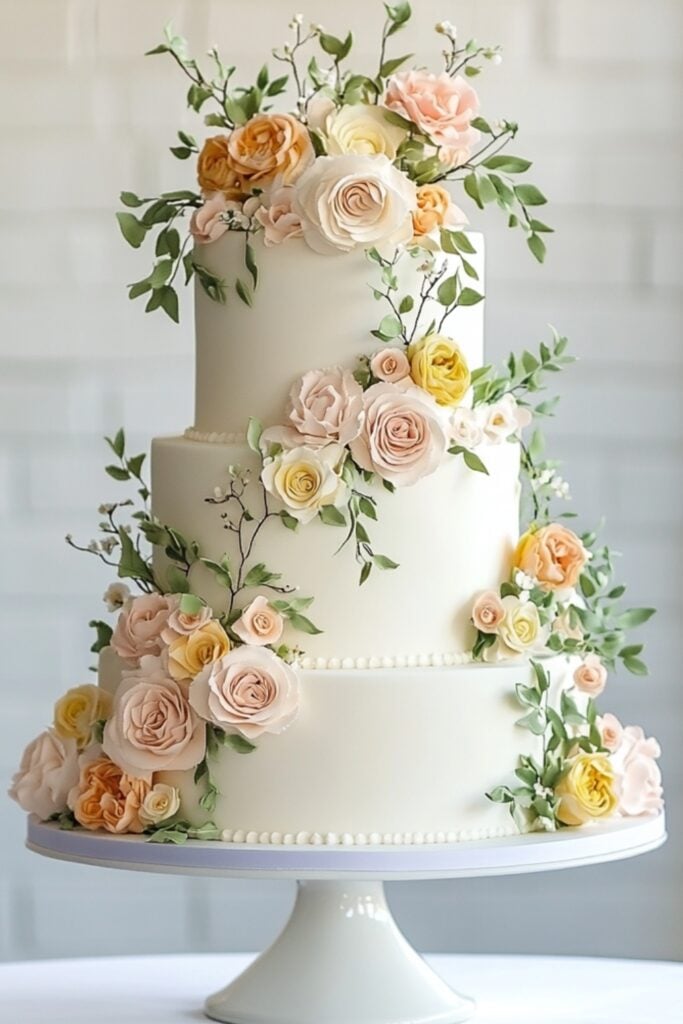 A multi-tiered wedding cake adorned with pastel sugar flowers like roses and peonies, accented with edible greenery on a white buttercream base, perfect for spring celebrations.