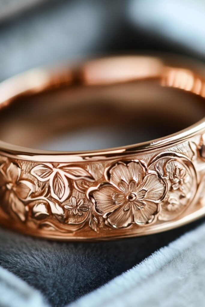 A close-up of a floral-engraved wedding ring in rose gold, featuring intricate blooming flower and vine patterns.
