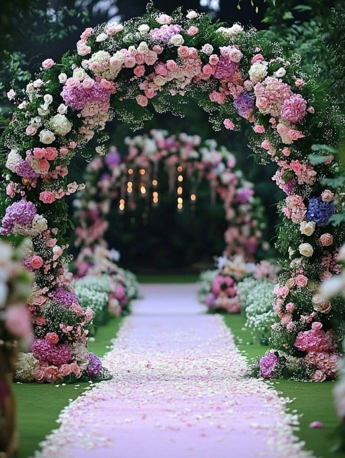 A beautiful floral archway made of fresh flowers and greenery welcomes guests to the ceremony, creating an elegant and romantic entry for a backyard wedding.