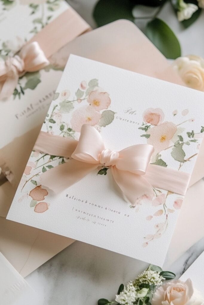 Elegant wedding invitations featuring watercolor floral designs, delicate handmade paper, and pastel silk ribbon embellishments for a spring-inspired look.