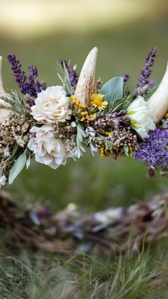 A beautifully handcrafted floral Viking bridal crown featuring wildflowers, heather, and sage, symbolizing fertility and harmony for an outdoor Viking wedding.