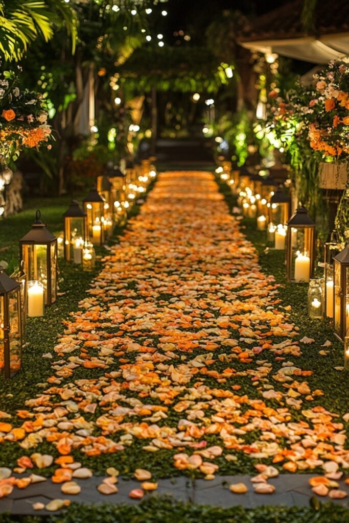 A wedding aisle lined with intricate patterns of fresh flower petals, complemented by greenery and small lanterns for a romantic setting.