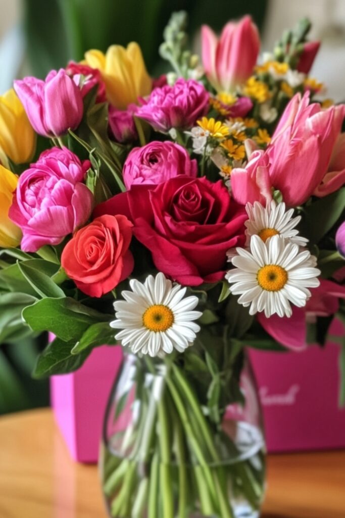 A bouquet of vibrant roses, tulips, and daisies arranged in a glass vase, placed on a table with a subscription box in the background.
