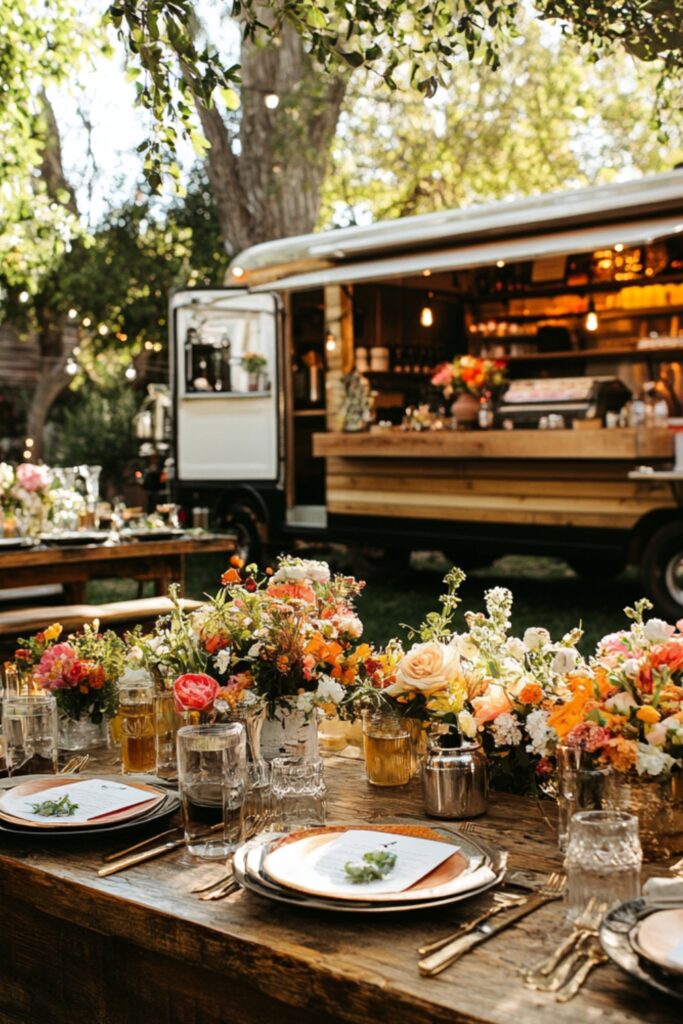 An elegant backyard wedding buffet with a food truck, drink station, and tables set with fresh flowers and rustic tableware.