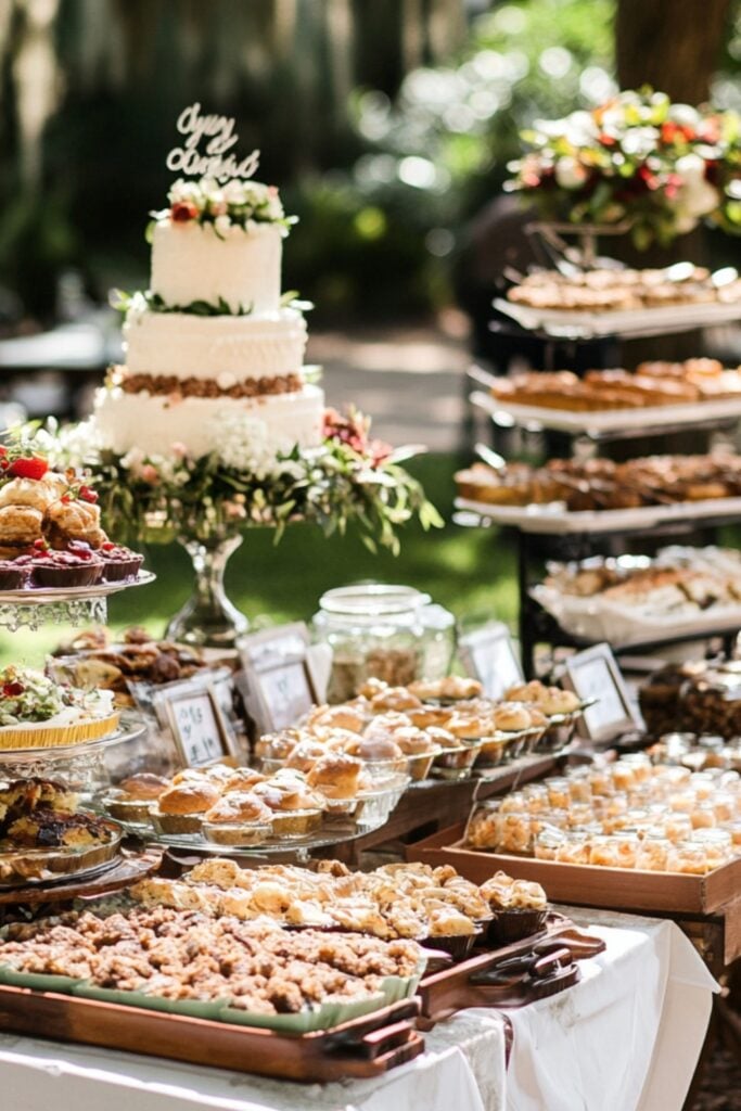 An outdoor wedding buffet with an assortment of dishes, a beverage station with signature cocktails, and a wedding cake on display.
