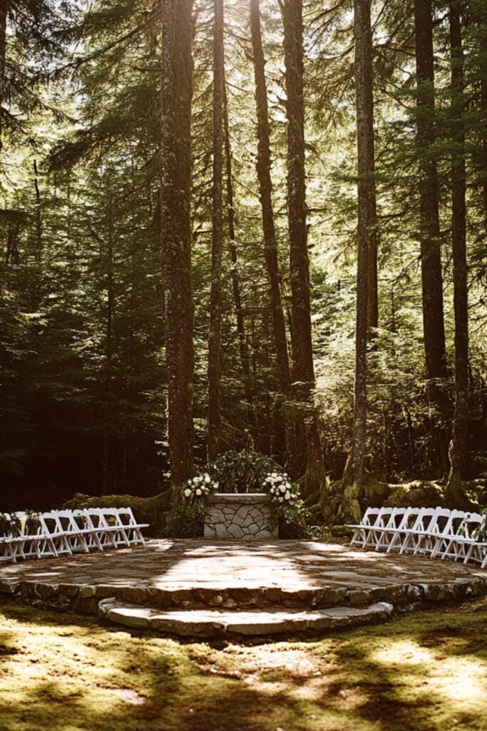 Secluded forest clearing wedding venue with a stone altar, surrounded by towering trees and sunlight filtering through the leaves.