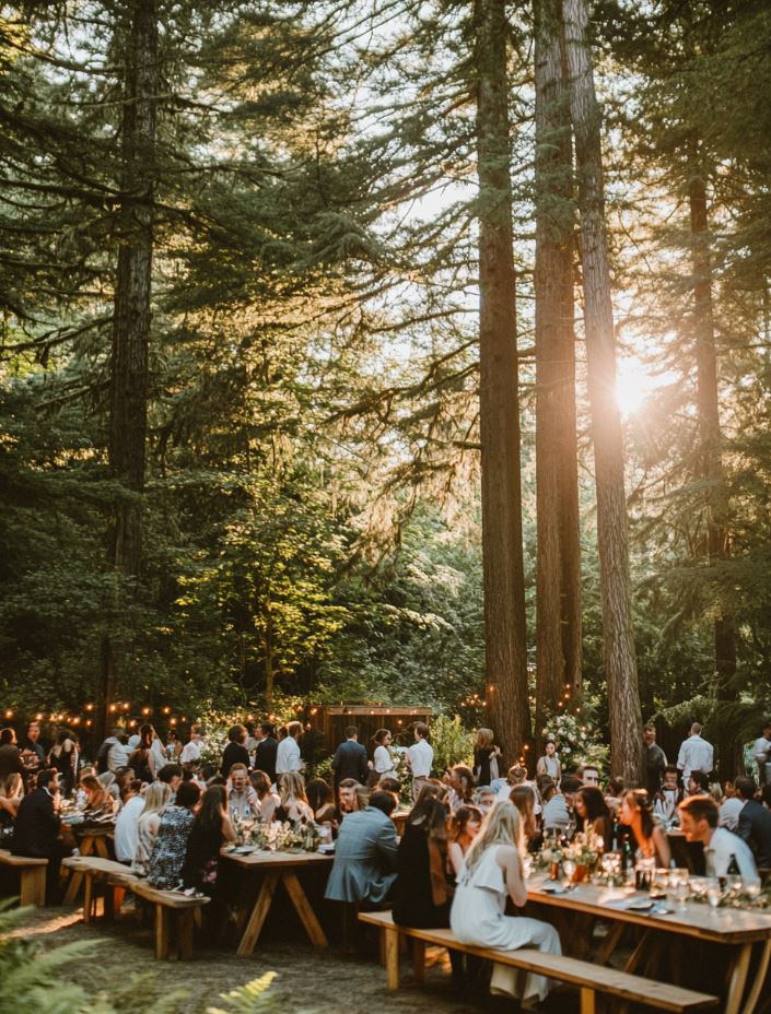 Magical forest wedding reception with towering trees, rustic wooden tables, and guests mingling in a serene natural environment surrounded by greenery.