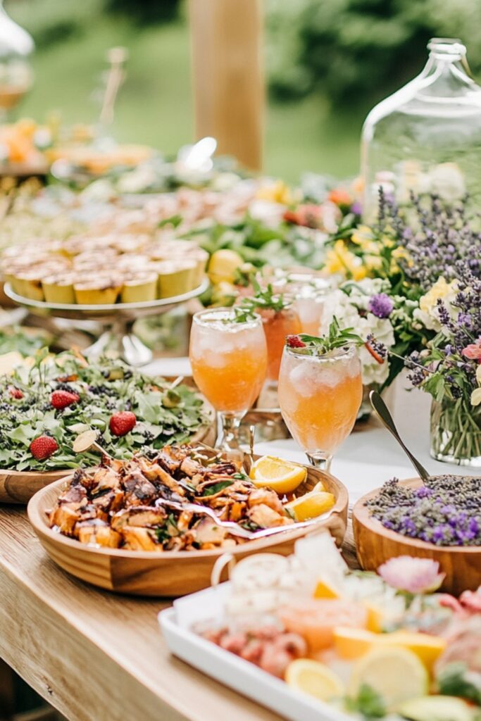 A spring wedding catering table with fresh salads, citrus-marinated entrees, floral-adorned desserts, and signature cocktails infused with herbs like lavender.