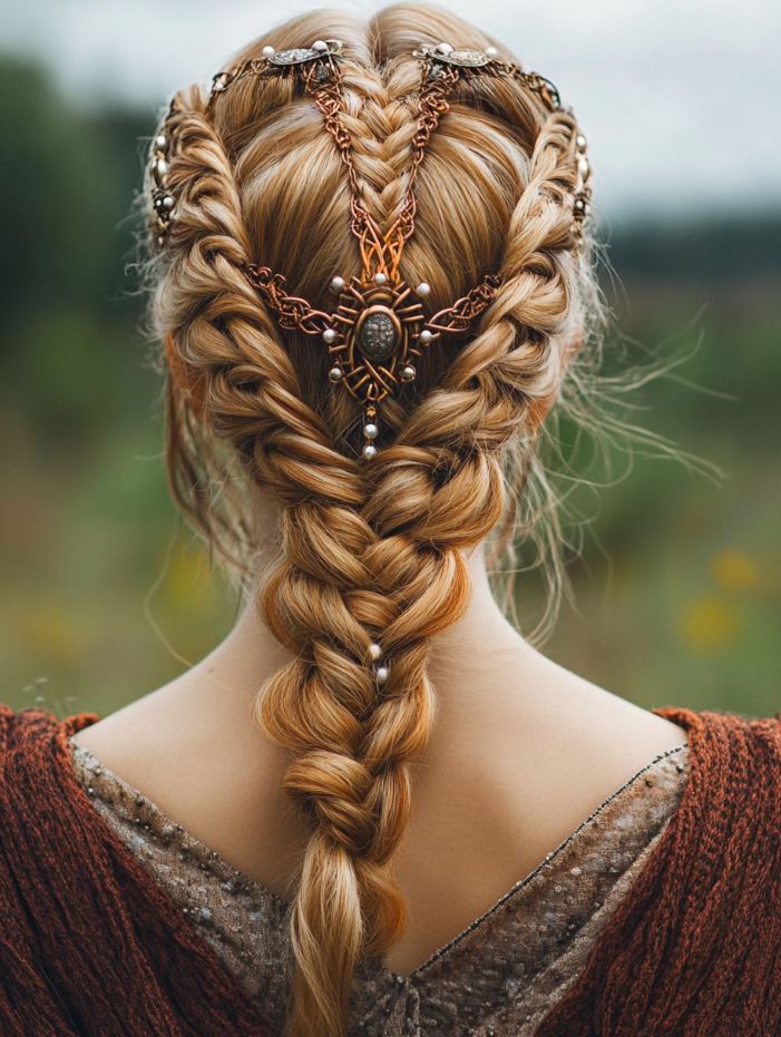 An elegant full braided updo adorned with beads and Viking-inspired hairpins, creating a sophisticated and regal bridal look for traditional Viking weddings.