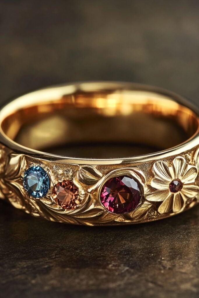 Historic Georgian wedding band featuring hand-crafted floral designs and colorful gemstones, embodying 18th-century charm.