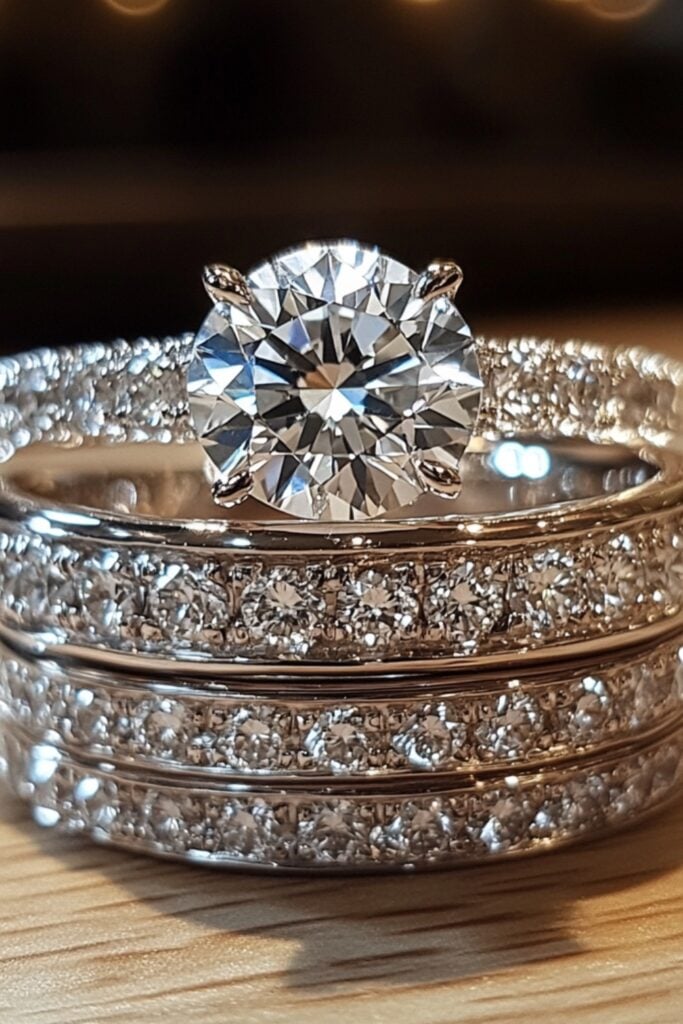 Dazzling ring stack with diamond-studded bands in channel, pavé, and bezel settings, surrounding a large diamond engagement ring for a luxurious look.