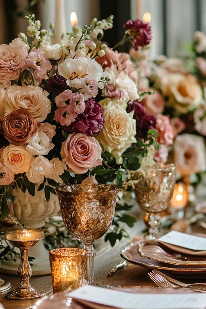 Sophisticated February wedding decor featuring gold-accented tableware, metallic candleholders, and luxurious floral arrangements.