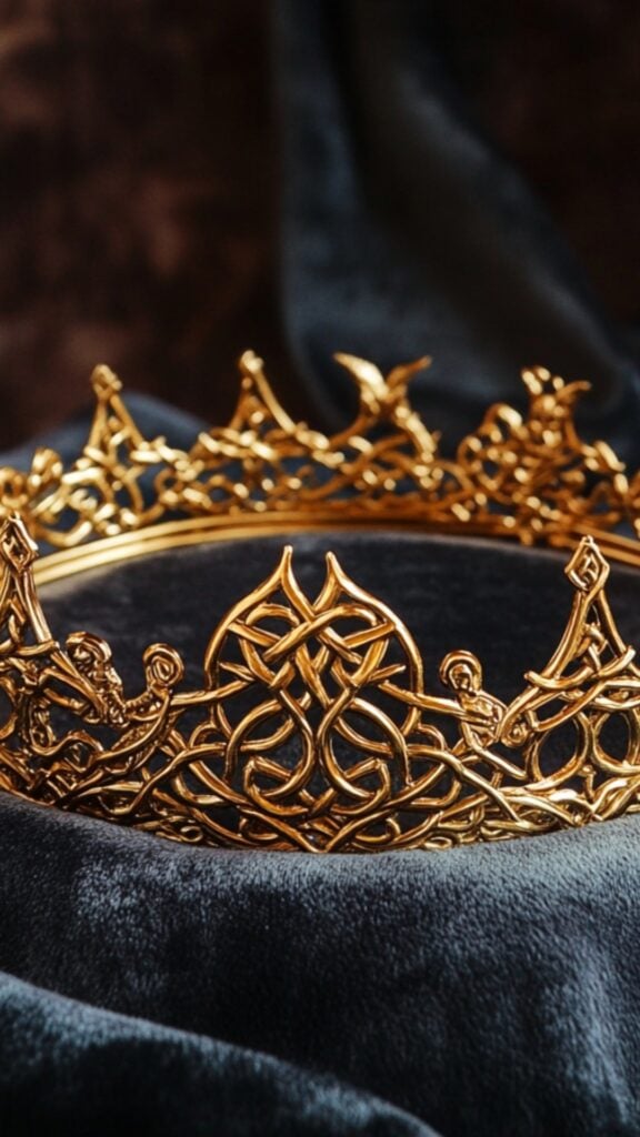 A gold Viking bridal crown with intricate Norse symbols, reflecting regality and connection to Freyja, the Norse goddess of love, placed on a velvet cushion.