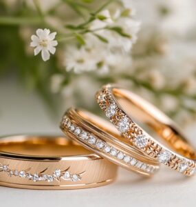 A variety of gold wedding rings in yellow, white, and rose gold, showcasing minimalist and intricate designs to suit every couple's unique love story.