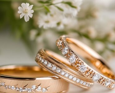 A variety of gold wedding rings in yellow, white, and rose gold, showcasing minimalist and intricate designs to suit every couple's unique love story.