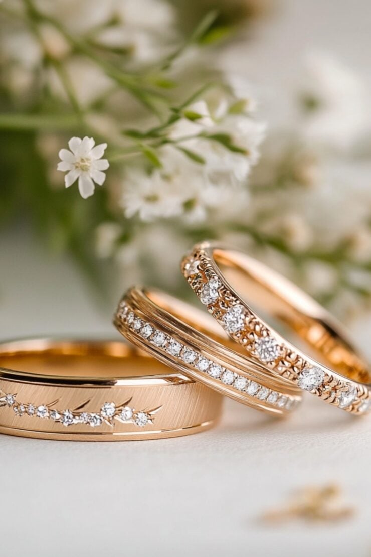 A variety of gold wedding rings in yellow, white, and rose gold, showcasing minimalist and intricate designs to suit every couple's unique love story.