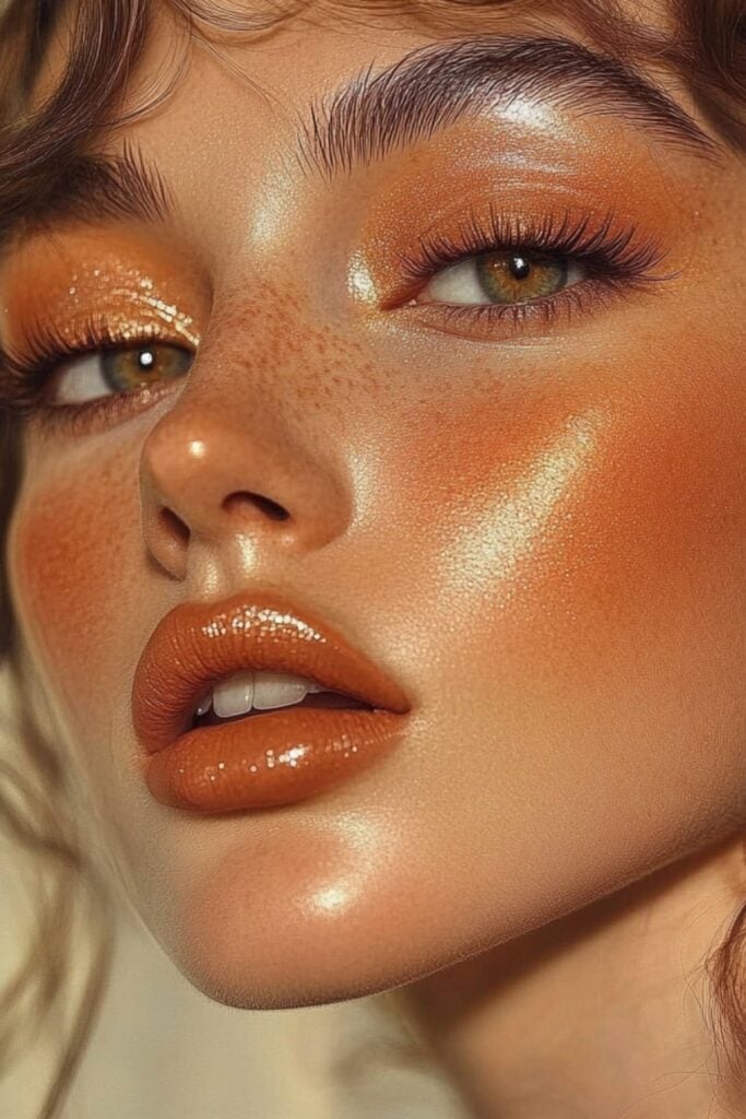 Portrait of a woman with golden-bronze highlighter, shimmering copper eyeshadow, brown eyeliner, and a warm peach lipstick, ideal for evening or beach weddings.