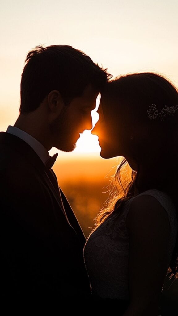 A couple standing close during golden hour, with a warm sunset casting a golden glow over them, silhouetted against a scenic outdoor backdrop.