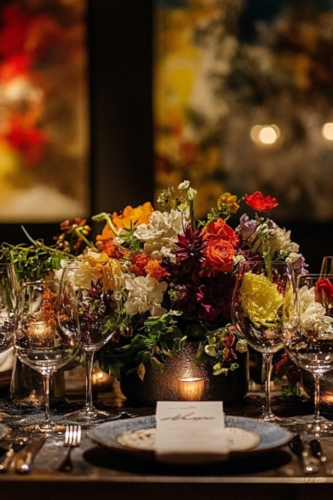 A private dining experience with an elegantly set table featuring fine wine, multi-course gourmet dishes, and an intimate guest list.