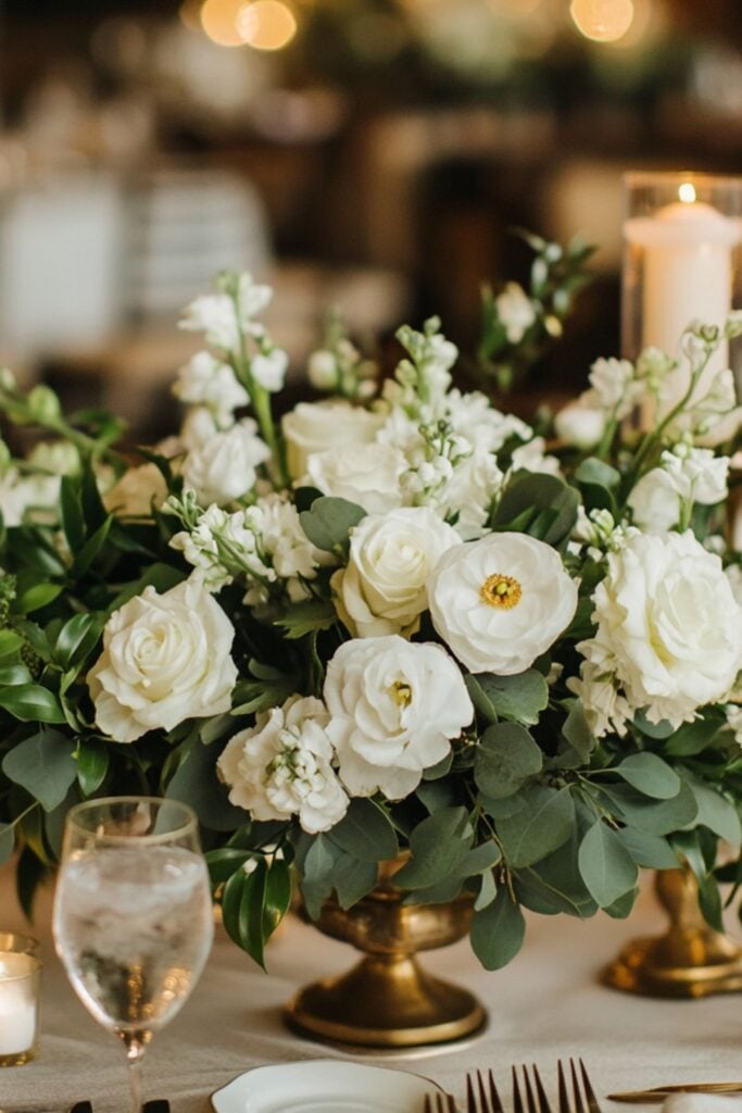 Elegant February wedding centerpiece showcasing lush greenery, white flowers, and gold accents for a fresh and sophisticated look.