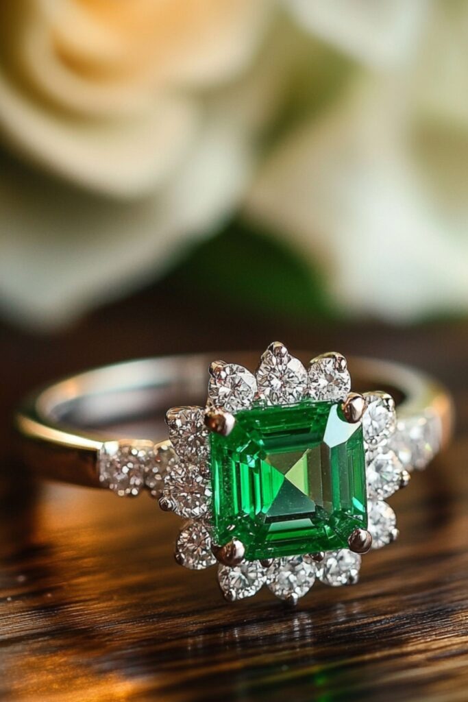 Stunning green emerald wedding ring with a square-cut emerald surrounded by diamond accents.