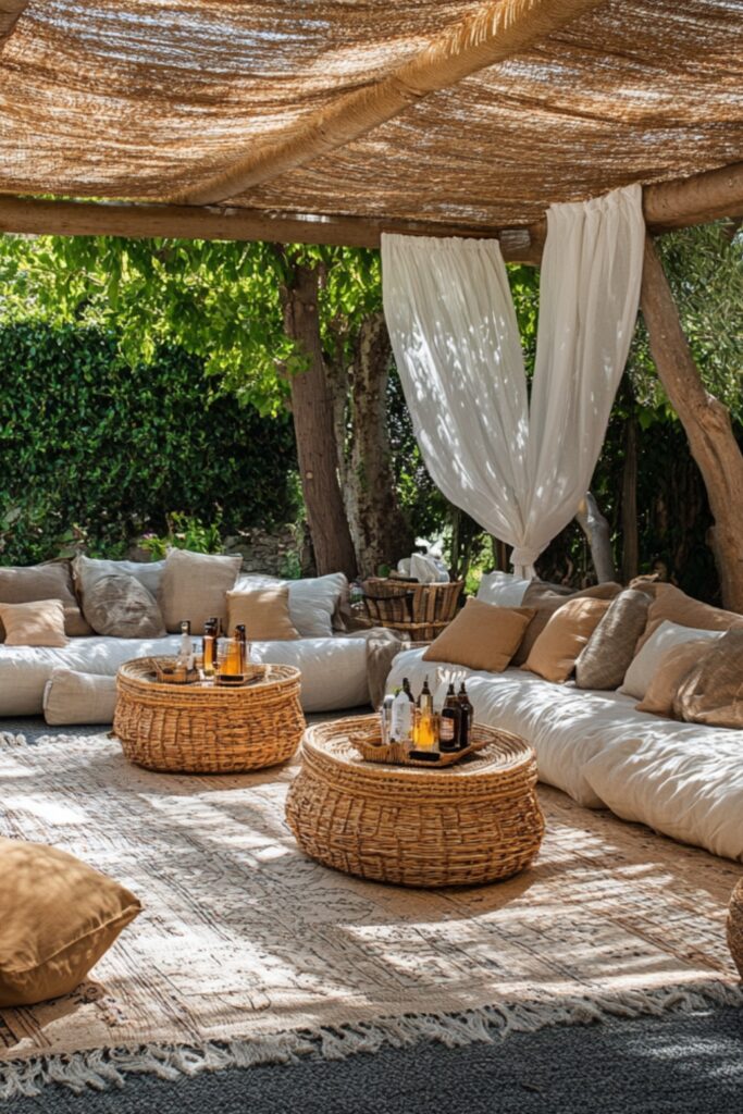 A shaded lounge area with cozy furniture, pillows, and baskets filled with sunscreen, fans, and bug spray for guests’ comfort.