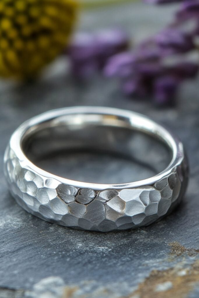 A hammered-texture silver wedding ring with a rustic finish, representing individuality and a modern aesthetic.