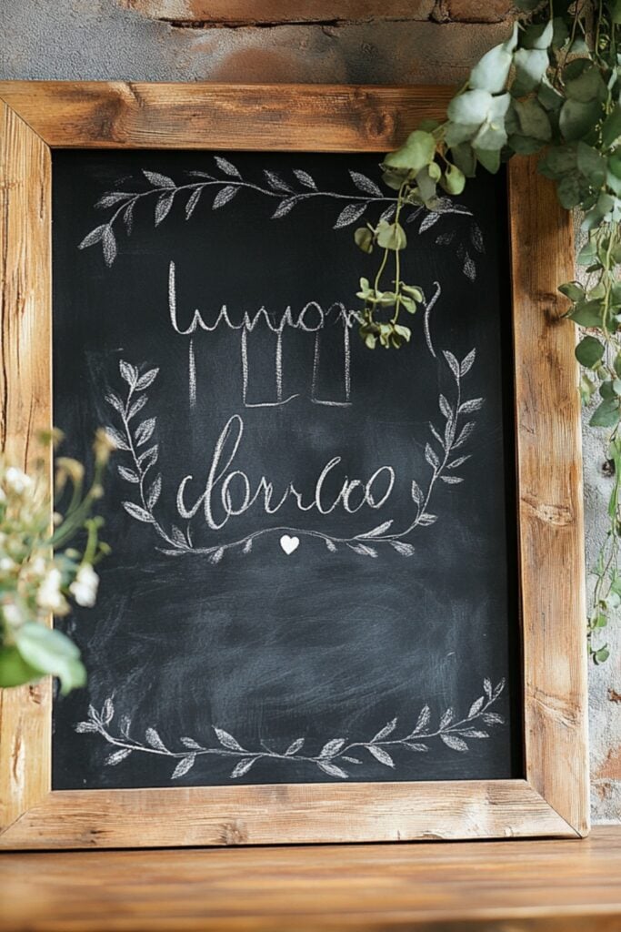 A rustic chalkboard sign in a wooden frame displaying a welcome message with decorative chalk designs and personalized text.