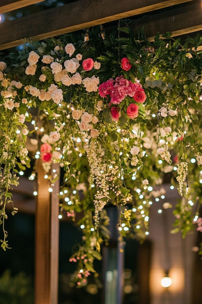 Hanging floral installation with cascading flowers and greenery suspended from a pergola, complemented by twinkling lights.