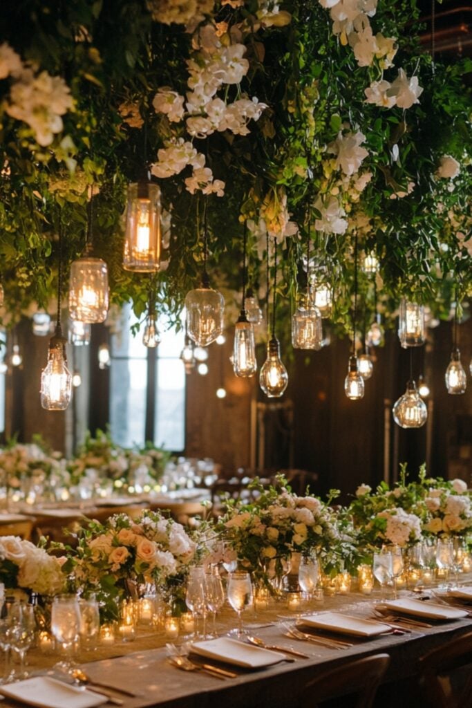 Cascading floral and greenery installations suspended above tables, enhanced by hanging bulbs and lanterns for a luxurious garden-inspired look.
