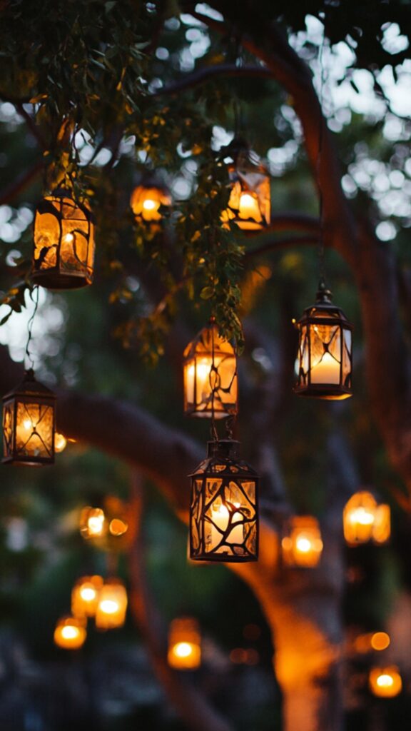 Rustic lanterns of varying sizes hanging from tree branches, casting a warm and inviting glow in an outdoor wedding venue.