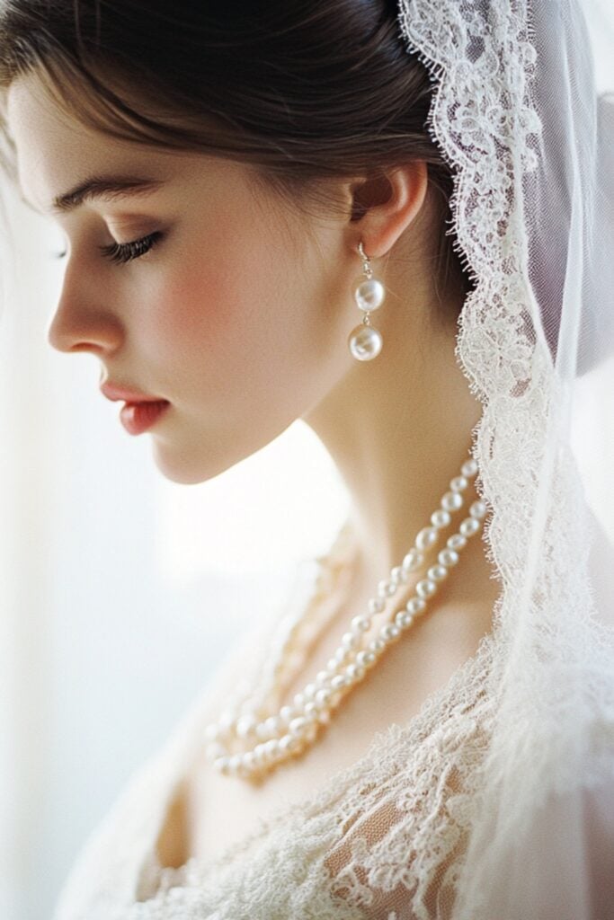 A bride wearing a vintage pearl necklace and lace veil, heirlooms passed down through generations for sentimental charm.