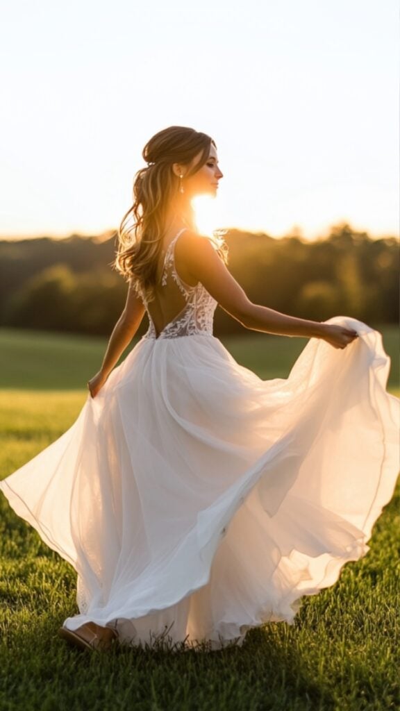 A bride twirling in a high-low hemline wedding dress, showing off elegant shoes and the playful design, standing on lush grass with a sunset backdrop.