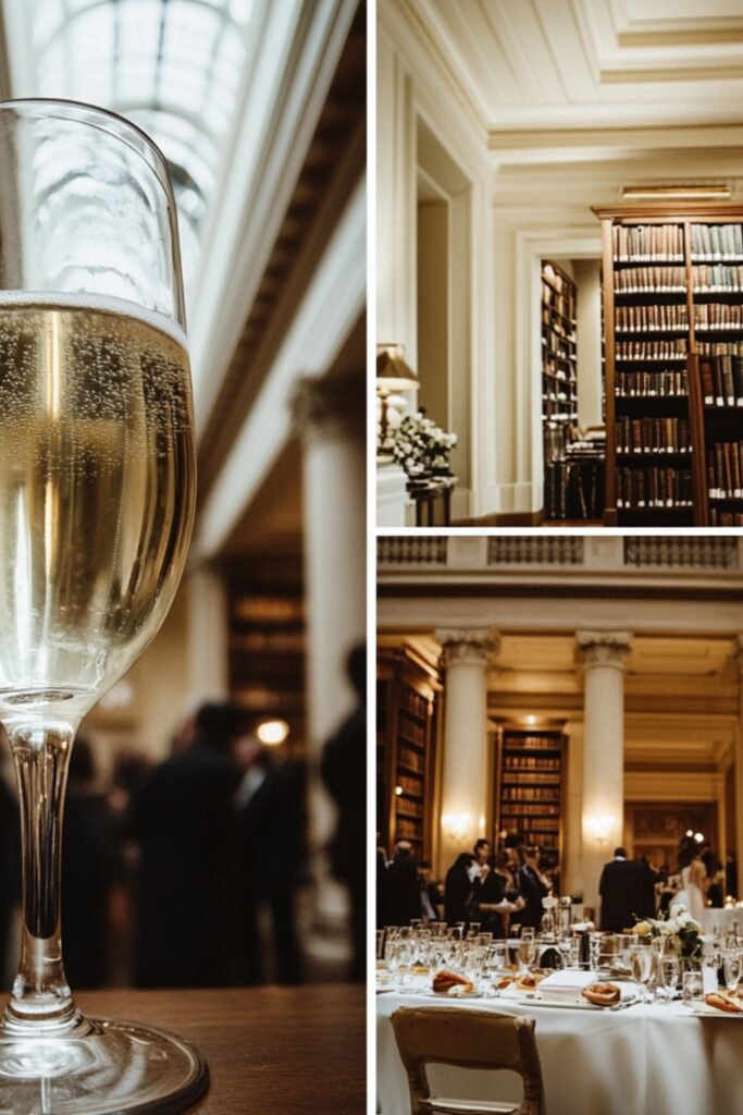 A historic library wedding reception with stunning architecture, minimal decor, and guests mingling while enjoying champagne and hors d'oeuvres.