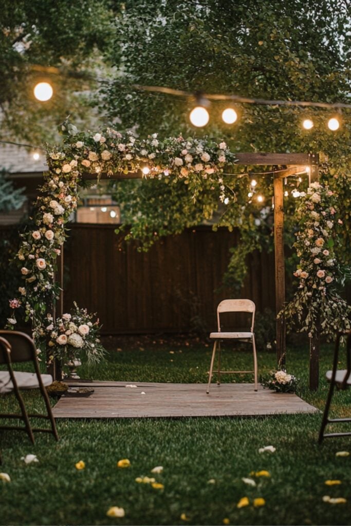 A backyard wedding setup with a simple wooden arch decorated with flowers and string lights, surrounded by folding chairs.