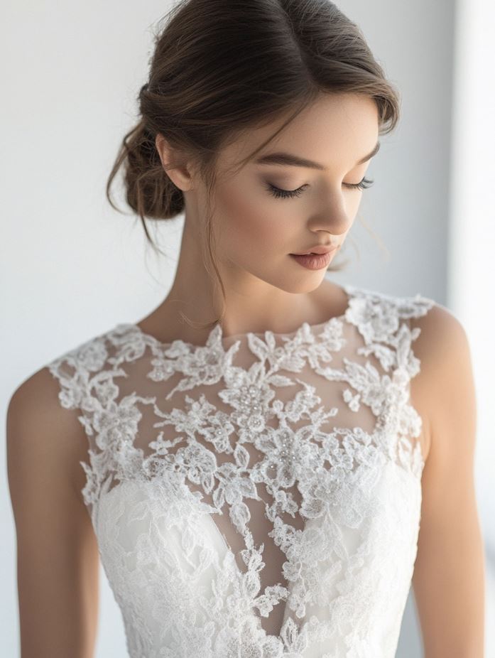 A wedding dress featuring a sheer, illusion neckline adorned with lace, beadwork, or intricate embellishments. The design creates a delicate, floating effect that adds both sophistication and mystery. The neckline offers a modern twist on traditional bridal styles, combining modesty with a touch of allure and contemporary elegance.