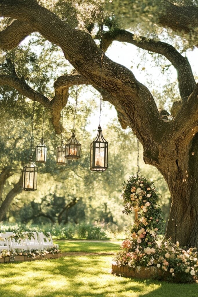 A backyard ceremony under a large tree with hanging lanterns and seasonal flowers enhancing the natural beauty of the space.