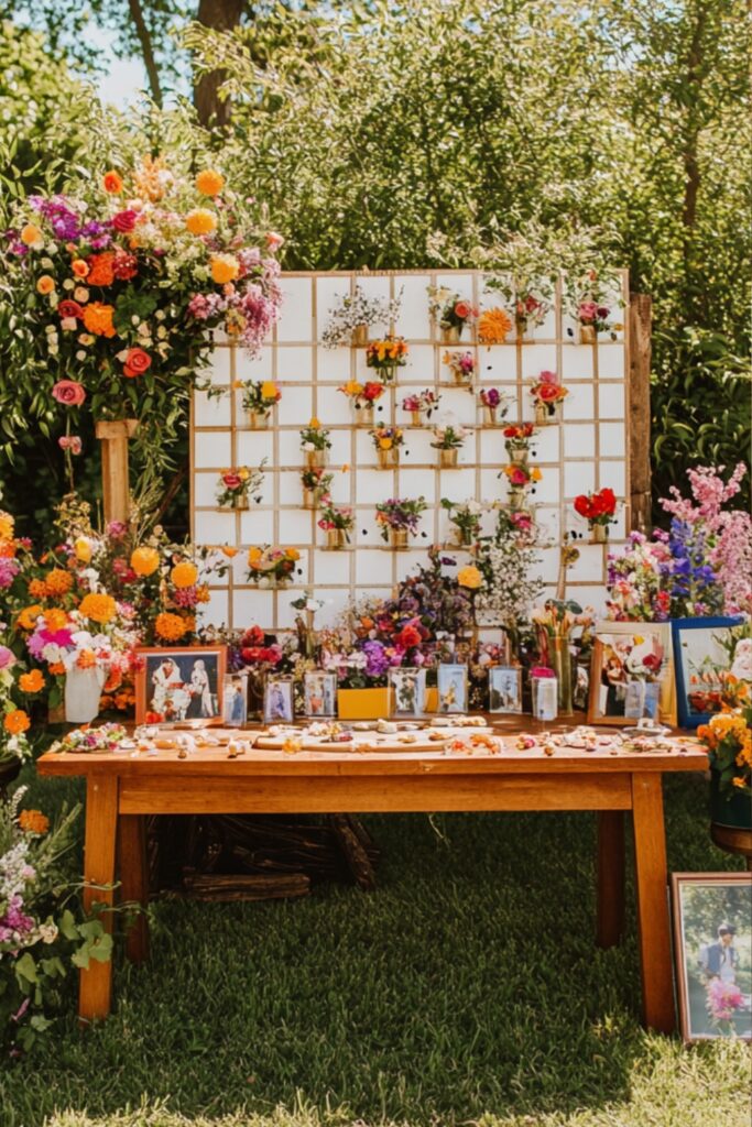 A fun spring wedding activity setup with a flower bar for guests to create mini bouquets, lawn games like croquet, and a Polaroid photo station with a floral backdrop.