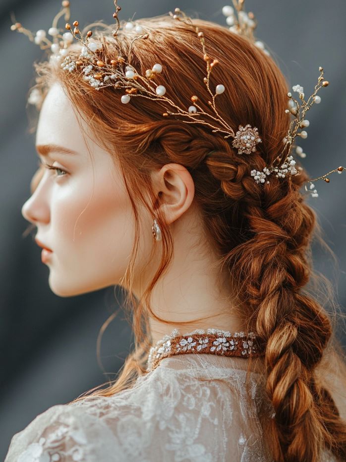 A beautifully woven braided crown hairstyle with delicate beads and small flowers, symbolizing Viking heritage and offering a regal, traditional bridal look.