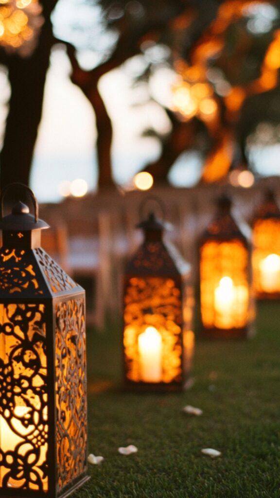 Rustic metal lanterns lined along a wedding ceremony aisle, glowing warmly to guide guests with an enchanting light.