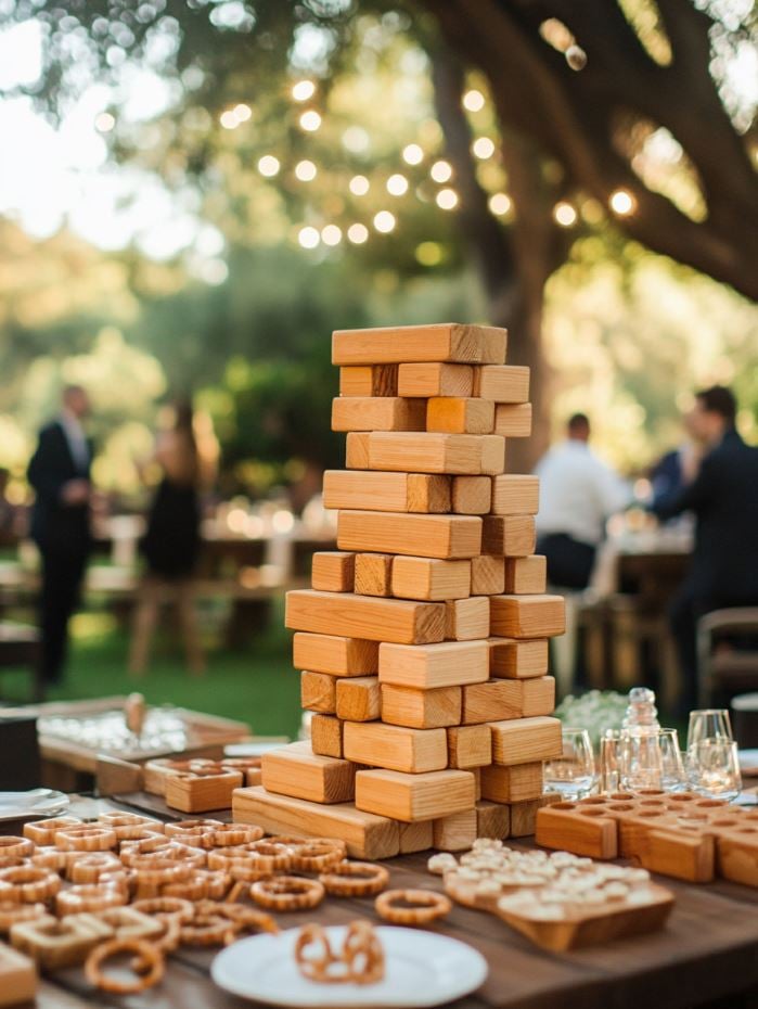 Interactive lawn games like cornhole, giant Jenga, and ring toss provide entertainment for guests during the cocktail hour or reception, adding a playful touch to a backyard wedding.