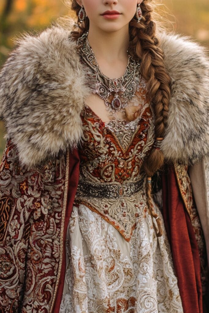 Regal Viking wedding traditional dress featuring layered fabrics, intricate embroidery, and a fur-lined cloak, complemented by a statement necklace and braided hairstyle.