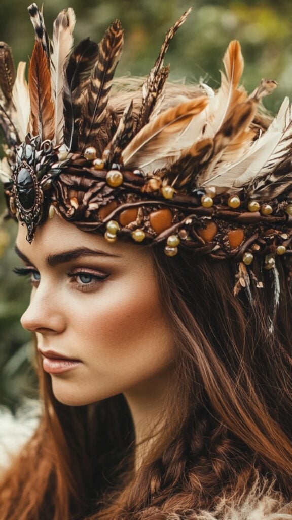 A rugged yet elegant leather Viking bridal crown decorated with beads and feathers, representing strength and loyalty for a warrior bride’s look.